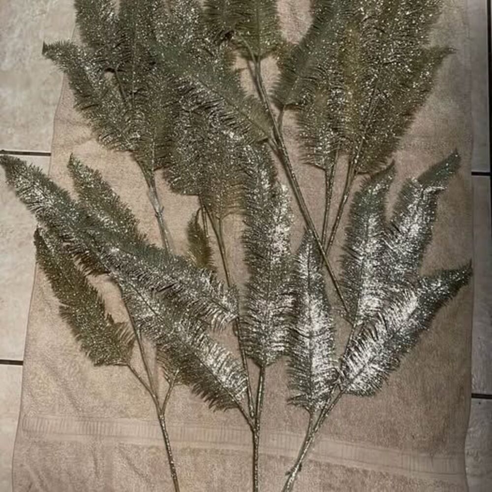 4 Gold Glitter Artificial Fern Stems Holiday Decor